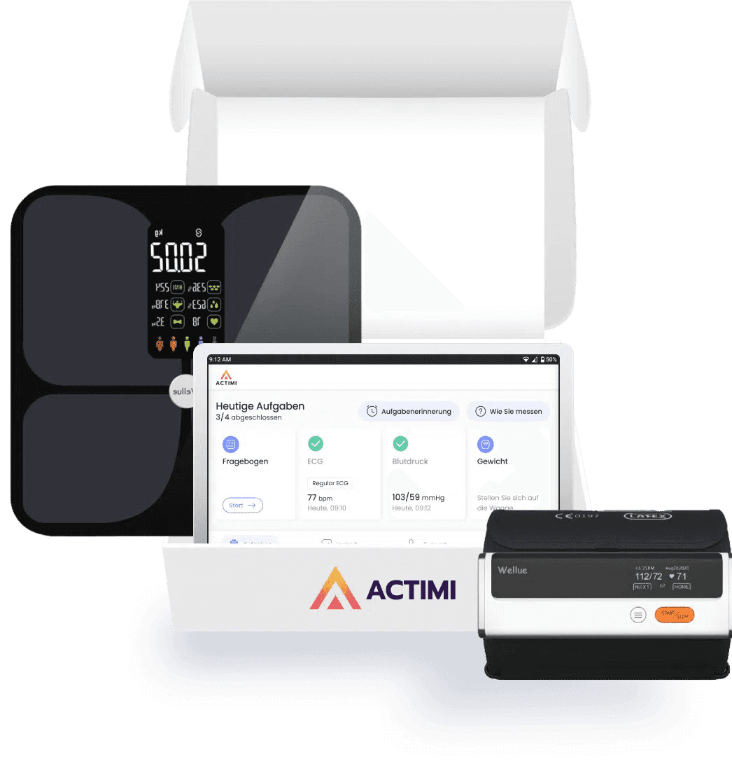 ACTIMI RPM-Set – Waage, Patiententablet und Blutdruckmessgerät in einer Markenverpackung